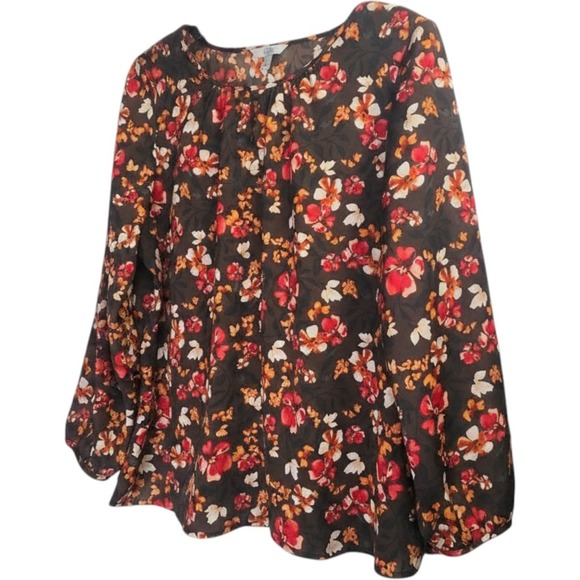 croft & barrow Tops - Croft‎ & Barrow Women Casual Blouse Size 1X BrownFloral Boat Neck Long Sleeves